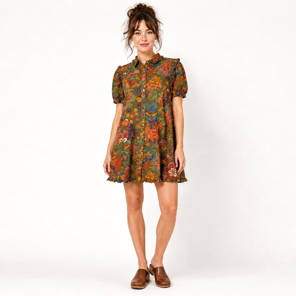 Uncle Frank Mod Flair Floral Corduroy Mini Dress Boho Cottage M 70s Style Retro